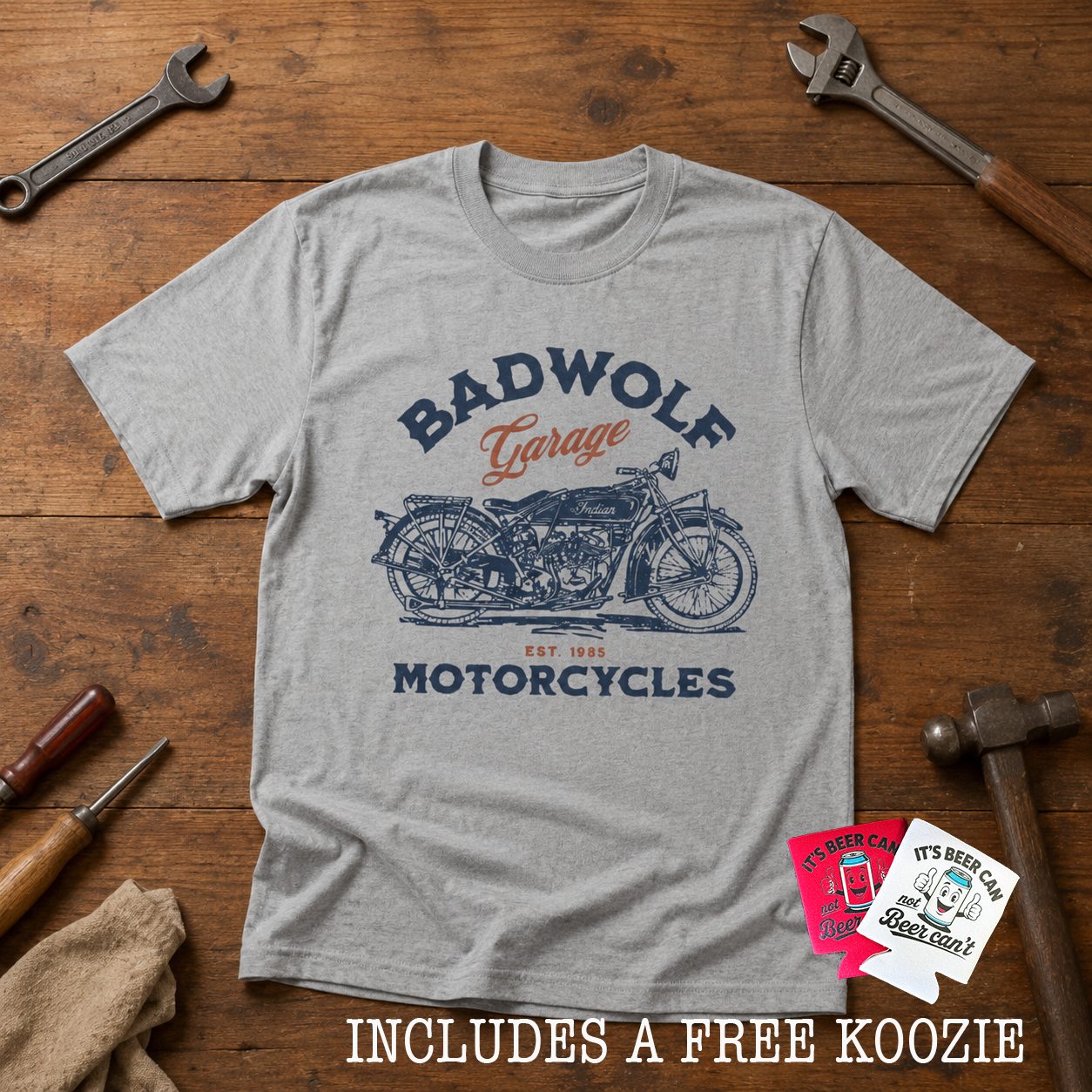BADWOLF Motorcycles t-shirt (+ FREE KOOZIE)